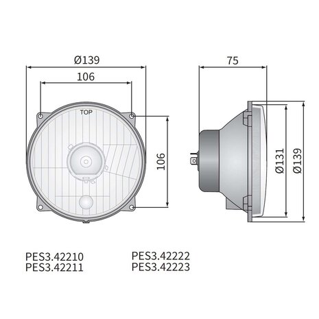 Headlamp H4 Ø139x75 hole pattern 106x106 12V