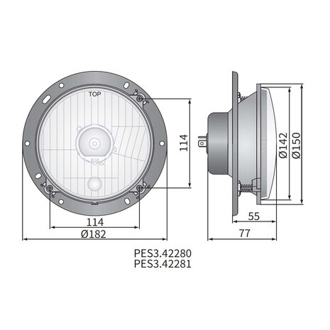 Headlamp H4 Ø182x75 + 12V Bulbs en Mounting Plate